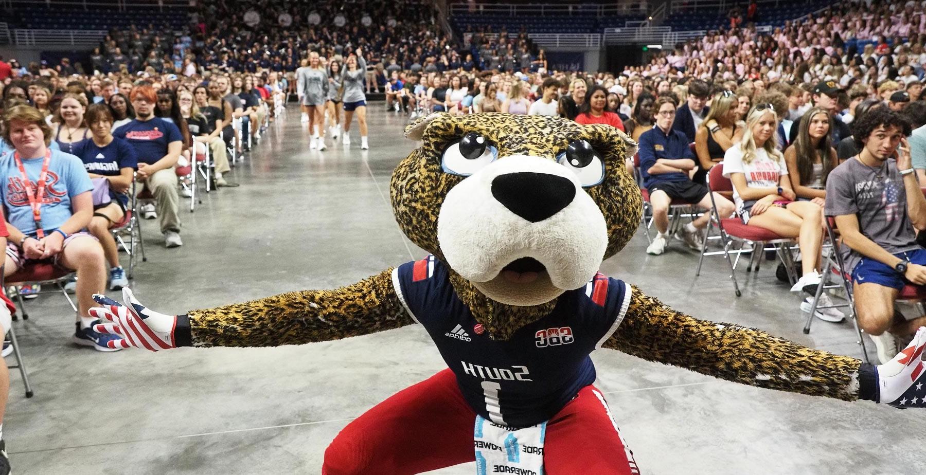 SouthPaw with first-year students at Convocation in the Mitchell Center.  data-lightbox='featured'